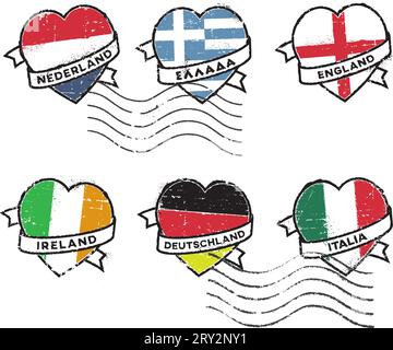 Satz Gummistempel, Niederlande, Griechenland, England, Irland, Deutschland und Italien. Inschrift in Niederländisch, Griechisch, Englisch, Deutsch und Italienisch. Stock Vektor