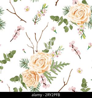 Nahtloses Weihnachtsmuster mit beigen Rosen, rosa Beeren und Blumen, Thuja, Eukalyptus, Tanne. Hochzeitsdekor. Stock Vektor