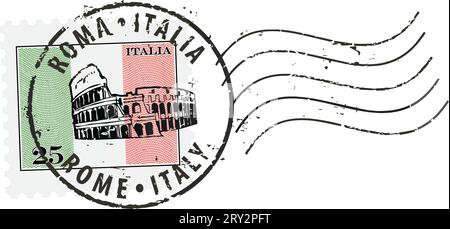 Briefmarkensymbole „Rom-Italien“ mit dem Kolosseum. Italienische Flagge (graviert, Holzschnitt). Stock Vektor