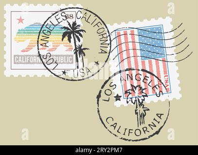 Briefmarkensymbole „Los Angeles-Kalifornien“. Stilisierte kalifornische und US-amerikanische Flagge (graviert, Holzschnitt-Effekt). Stock Vektor