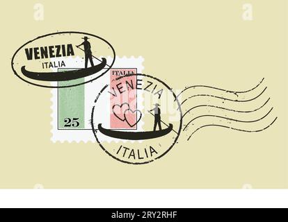 Briefmarkensymbole „Venedig - Italien“. Mann, der eine Gondel rudert (Boot). Italienische Inschrift und Flagge (graviert, Holzschnitt). Stock Vektor