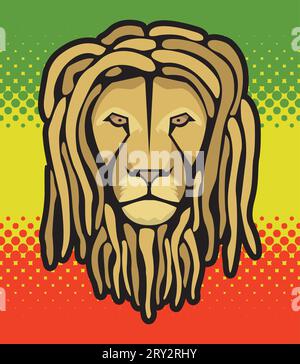 Löwenkopf mit Dreadlocks und Reggae-Halbtonfahne Hintergrund... für T-Shirts, Poster... Stock Vektor