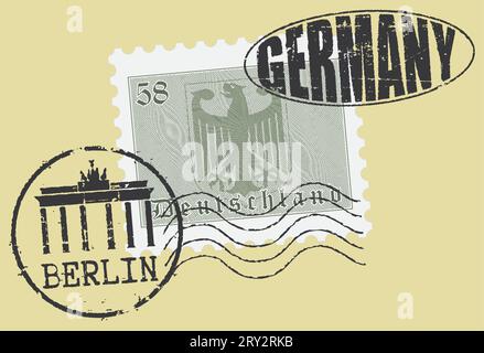 Briefmarkensymbole „Berlin-Deutschland“. Deutsches Wappen (graviert, Holzschnitt). Stock Vektor