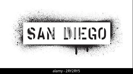 SAN DIEGO Zitat. Stadt im US-Bundesstaat Kalifornien. Westküste. Graffiti-Schablone sprühen. Weißer Hintergrund. Stock Vektor