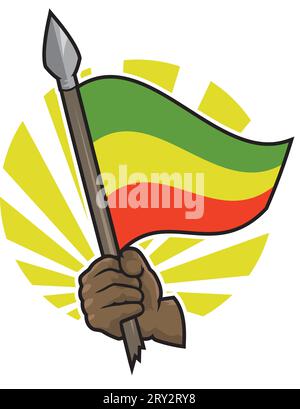 Abbildung einer Hand, die einen Speer mit einer winkenden Reggae-Flagge hält. Sonne Hintergrund. Stock Vektor