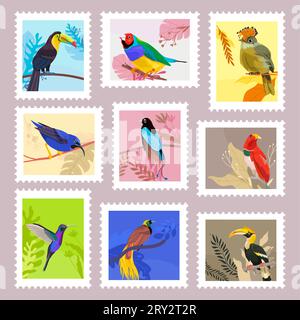 Kollektion mit Postmark-Design und tropischen Vögeln Stock Vektor