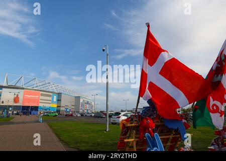 Cardiff, Wales, 26. September 2023: Aktion des Fußballspiels der UEFA Womens Nations League zwischen Wales und Dänemark im Cardiff City Stadium in Cardiff, Wales. (James Whitehead/SPP) Stockfoto