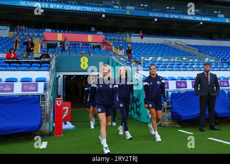 Cardiff, Wales, 26. September 2023: Aktion des Fußballspiels der UEFA Womens Nations League zwischen Wales und Dänemark im Cardiff City Stadium in Cardiff, Wales. (James Whitehead/SPP) Stockfoto