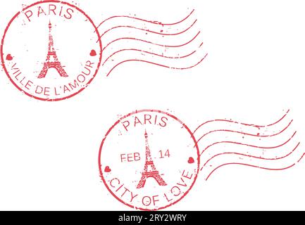 Poststempel 'Paris-City of Love'.St.. Valentinstag-Konzept. Französische und englische Inschrift. Stock Vektor