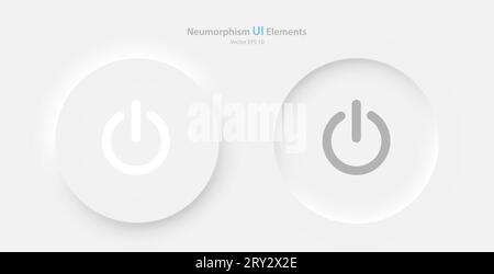 Ein Satz runder ein-/Ausschalter auf weißem Hintergrund. Benutzeroberflächenelemente im Stil von Pneumorphismus, UX. Stock Vektor