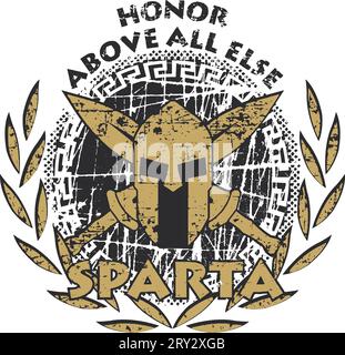 Zerkratzte spartanische Kunstwerke für das T-Shirt. Helm, gekreuzte Schwerter, Schild mit Mäander, Lorbeerkranz und zwei Inschriften „Sparta“ und „Honor above all e“. Stock Vektor