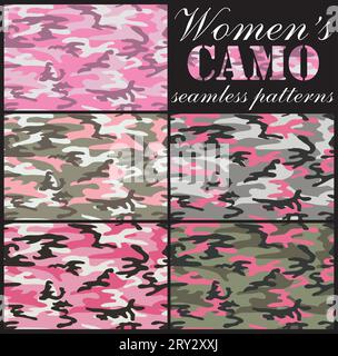 Set aus nahtlosen Camouflage-Mustern für Frauen. Rosa, Urban und Waldfarben. Stock Vektor