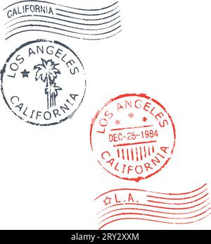 Satz Grunge-Briefmarken 'Los Angeles-California'. Blau und rot. Stock Vektor