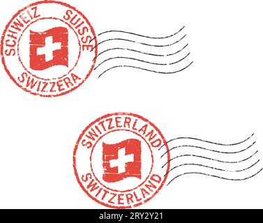 Zwei Grunge-Briefmarken "Schweiz". Deutsche, italienische, französische und englische Inschrift. Stock Vektor