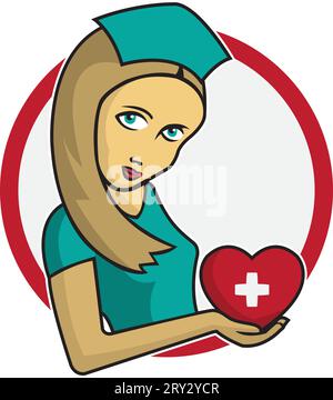 Illustration einer Krankenschwester, die ein Herz in der Hand hält. Die Abbildung zeigt das Konzept der Pflege, des Engagements und der Wohltätigkeit. Stock Vektor
