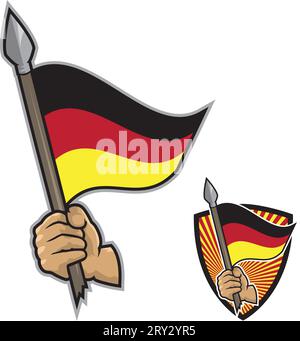 Illustration einer Hand, die einen Speer mit einer winkenden deutschen Flagge hält. Weißer Hintergrund. Patriotisches Konzept. Stock Vektor