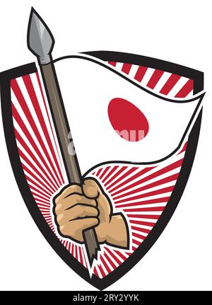 Abbildung einer Hand, die einen Speer mit einer schwenkenden japanischen Flagge hält. Schild im Hintergrund. Stock Vektor