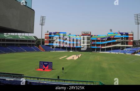 New Delhi, Indien. September 2023 28. Allgemeine Ansicht des Arun Jaitley Cricket Stadions. Die ICC Cricket World Cup 2023 startet vom 5. Oktober bis 19. November 2023. Zehn nationale Cricket-Teams werden teilnehmen, und das Turnier findet in zehn verschiedenen Stadien in Indien statt. Quelle: SOPA Images Limited/Alamy Live News Stockfoto