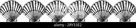 Nahtloser Rand mit Muschel. Handgezeichnete Vektorillustration des Musters mit Jakobsmuscheln im Umrissstil. Unterwassermuster, das mit schwarzen Tinten auf weißem isoliertem Hintergrund für Rahmen oder Banner gemalt wird Stock Vektor
