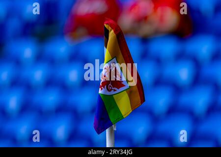 Cardiff, Wales - 11. Juni 2022: Walisische Eckflagge vor dem Spiel der UEFA Nations League zwischen Wales und Belgien im Cardiff City Stadium. Stockfoto