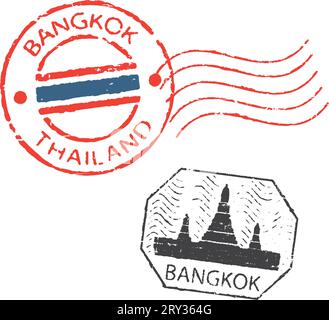 Zwei Briefmarken "Bangkok". Flagge von Thailand und Wat Arun buddhistische Tempelsilhouette. Stock Vektor