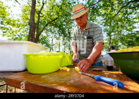 Ein älterer Bauernkocher schneidet Kartoffeln mit einem Messer in Scheiben auf dem Holzbrett und bereitet sie für das Kochen im Freien zu. Die Schüsseln sind voll mit Gemüse Stockfoto