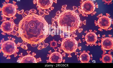Viruspartikel auf violettem Hintergrund, 3D-Rendering Stockfoto