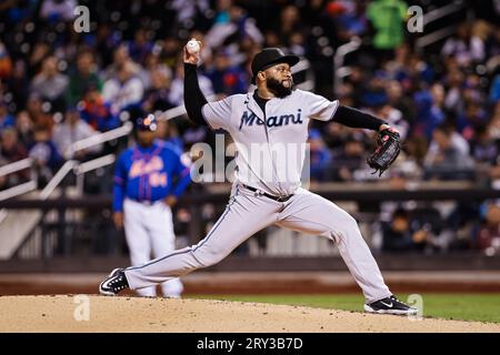 27. September 2023; New York City, New York, Miami Marlins PitcherJohnny Cute (47) liefert ein Pitch an die New York Mets Batter im Citi Field. (Ariel Fox/Bild des Sports) Stockfoto