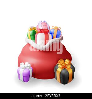 Öffnen Sie den Weihnachtsmann-Sack in 3D, der voller Geschenkboxen ist Stock Vektor