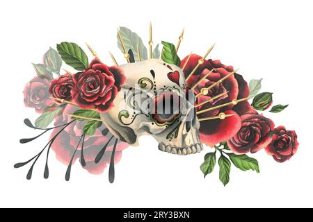 Menschlicher Schädel mit Ornament, rote Rosen in goldener Krone. Handgezeichnete Aquarellillustration für Halloween, Day of the Dead, Dia de los muertos Stockfoto