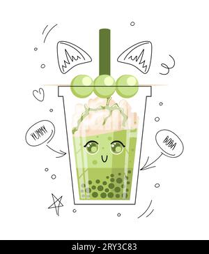 Matcha-Bubble-Tee, Perlmilchtee, boba, Taiwans-Getränk. Dango-Bälle auf einem Stock. Kauliche Tapioka-Bälle Grasgelee. Schlagsahne, Beeren-Topping. Niedlich Stock Vektor