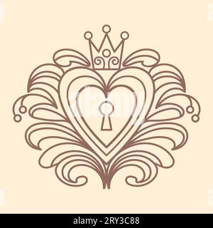 Alte Burg im gotischen Stil. Filigranes Herz mit Krone, Blumenmotiv, Blättern und Kräutern. Magische Objekte, Fantasie, Boho. Halloween, Valentinstag. Stock Vektor