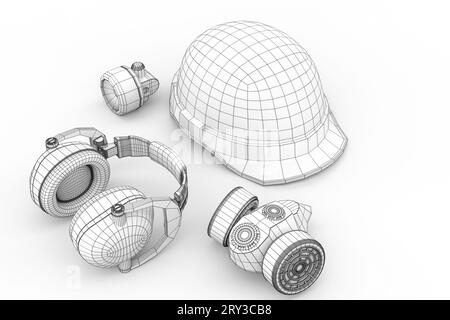 Schutzhelm oder Schutzkappe, Atemschutzmaske und Ohrhörerschützer isoliert auf weißem Hintergrund. das 3D-Renderkonzept besteht aus Schichten sichtbarer und unsichtbarer Linien Stockfoto