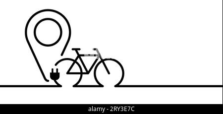 Cartoon-Ladestation, Kabelakku für ein E-Bike, E-Bike. Fahrrad, Laden, Stecker und Bio, umweltfreundliche Stromversorgung. Batterie, Zeigersymbol oder Stockfoto