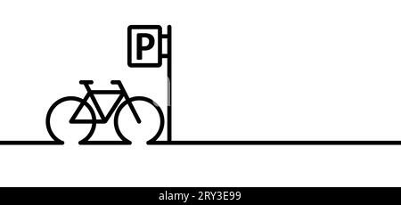Parkmöglichkeit, Logo für die Positionierung der Stifte. Parksymbol mit Buchstabe P. Banner mit zyklischem Linienmuster. Fahrzeug, Verkehrsschild. Radfahrer-Logo-Schild. Radsymbol. Vecto Stockfoto
