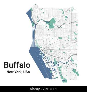 Buffalo Map, New York, amerikanische Stadt. Stadtplan mit Flüssen und Straßen, Parks und Eisenbahnen. Vektorillustration. Stock Vektor