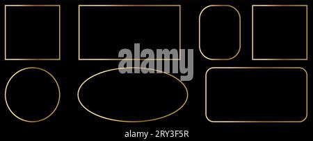 Goldenes, glänzendes Rahmenset. Paket mit luxuriösen, realistischen quadratischen, runden, ovalen Rändern. Vektorillustration Stock Vektor
