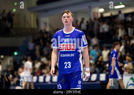 Gummersbach, Deutschland. September 2023 28. OLE Pregler (VfL Gummersbach, #23) LIQUI MOLY Handball Bundesliga: VfL Gummersbach - HC Erlangen; Schwalbe Arena, Gummersbach, 28.09.2023 Credit: dpa/Alamy Live News Stockfoto