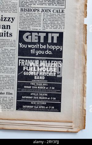 ConcertAdvertising in der 1970er-Ausgabe des NME New Musical Express Music Paper Stockfoto