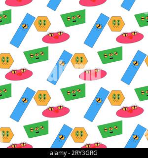 Geometrisches, nahtloses psychedelisches Groovy-Muster. Verschiedene Formen. Stock Vektor