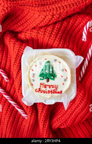 Ein kleiner Kuchen mit den Worten Frohe Weihnachten und einer Zeichnung eines Weihnachtsbaums liegt auf einer roten Decke zusammen mit Zuckerstangen. Ansicht von oben Stockfoto