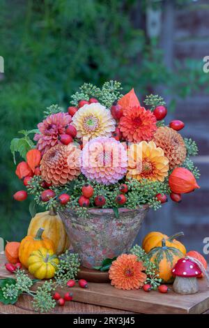 Ein Blumenstrauß aus orangefarbenen und gelben Dahlien, rosa Hüften und Efeublüten im Vintage-Terrakottatopf Stockfoto