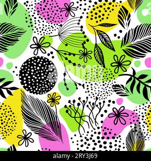 Abstrakter nahtloser Hintergrund in modernem Stil mit grafischen Blättern. Handzeichnung. Nicht AI. Vektorillustration Stock Vektor