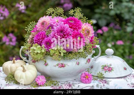 Romantisches Blumenarrangement aus rosafarbenen Dahlien in Vintage-Suppenschale und weißen Kürbissen Stockfoto