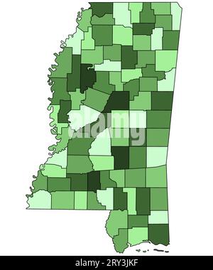 3D-Karte des Bundesstaates Mississippi mit Grenzen der Grafschaften und verschiedenen Farben. Vereinigte Staaten von Amerika, USA, Vereinigte Staaten. Stockfoto