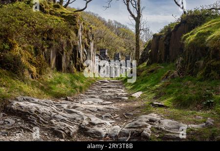 Ein Weg zur Anglesey Barracks, Dinorwig Schieferbruch in Eryry (Snowdonia), Wales, Großbritannien. Der Dinorwig-Steinbruch ist Teil des UNESCO-Weltkulturerbes. Stockfoto