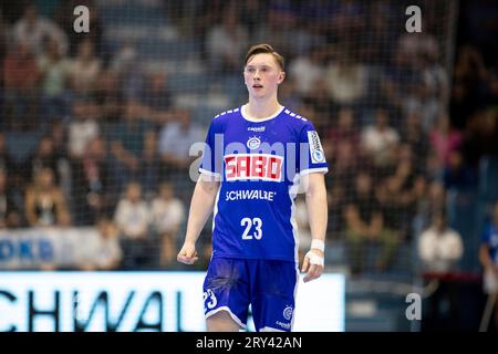 Gummersbach, Deutschland. September 2023 28. OLE Pregler (VfL Gummersbach, #23) LIQUI MOLY Handball Bundesliga: VfL Gummersbach - HC Erlangen; Schwalbe Arena, Gummersbach, 28.09.2023 Credit: dpa/Alamy Live News Stockfoto