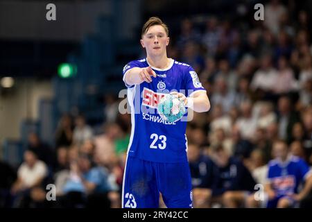 Gummersbach, Deutschland. September 2023 28. OLE Pregler (VfL Gummersbach, #23) LIQUI MOLY Handball Bundesliga: VfL Gummersbach - HC Erlangen; Schwalbe Arena, Gummersbach, 28.09.2023 Credit: dpa/Alamy Live News Stockfoto