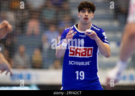 Gummersbach, Deutschland. September 2023 28. Giorgi Tskhovrebadze (VfL Gummersbach, #19) LIQUI MOLY Handball Bundesliga: VfL Gummersbach - HC Erlangen; Schwalbe Arena, Gummersbach, 28.09.2023 Credit: dpa/Alamy Live News Stockfoto