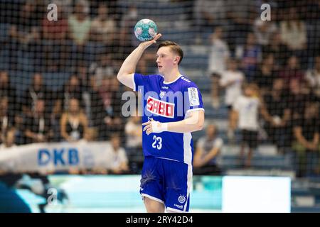 Gummersbach, Deutschland. September 2023 28. OLE Pregler (VfL Gummersbach, #23) LIQUI MOLY Handball Bundesliga: VfL Gummersbach - HC Erlangen; Schwalbe Arena, Gummersbach, 28.09.2023 Credit: dpa/Alamy Live News Stockfoto